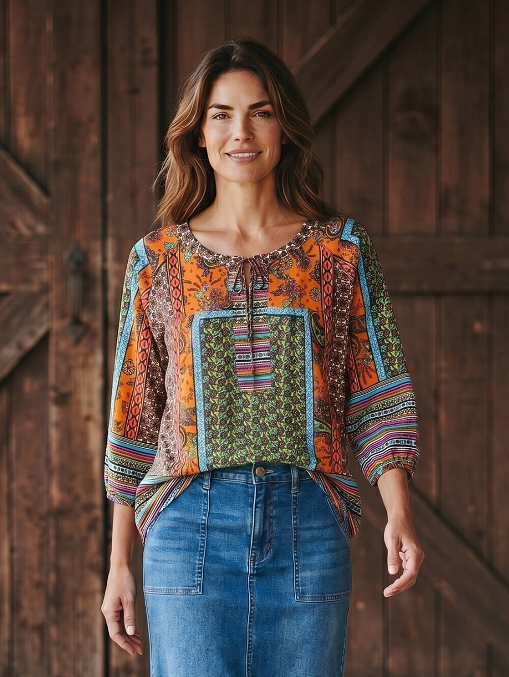 Bohemian Pheasant Style Top With Floral Details Turquoise,Tangerine Fuchsia,Lime